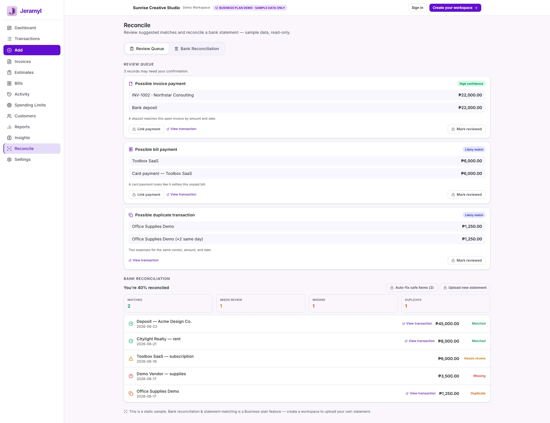 Jeramyl bank reconciliation page showing Review Queue, suggested matches, Auto-fix safe items, and reconciliation status.