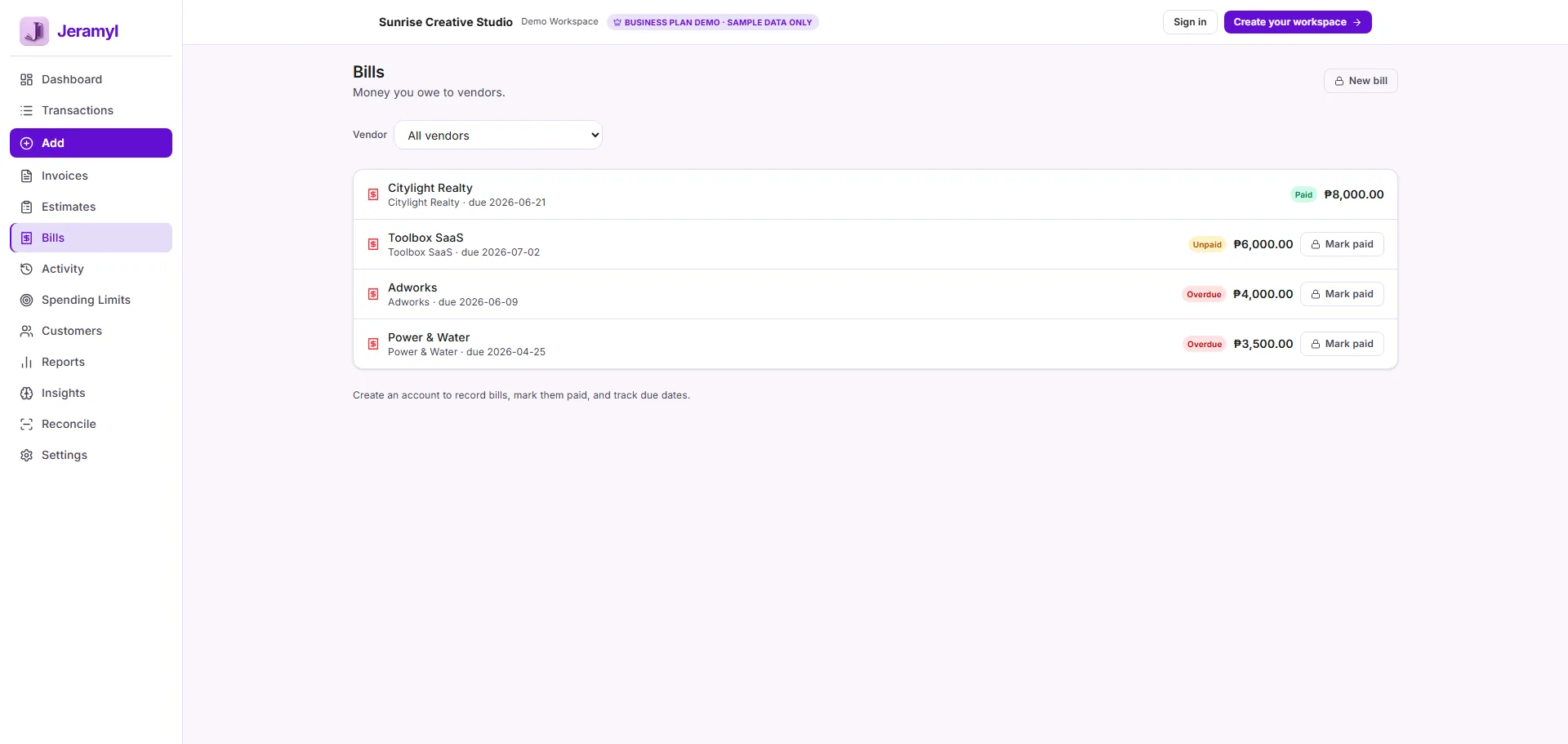 Jeramyl bills page showing vendors, due dates, payment status, and bill actions.