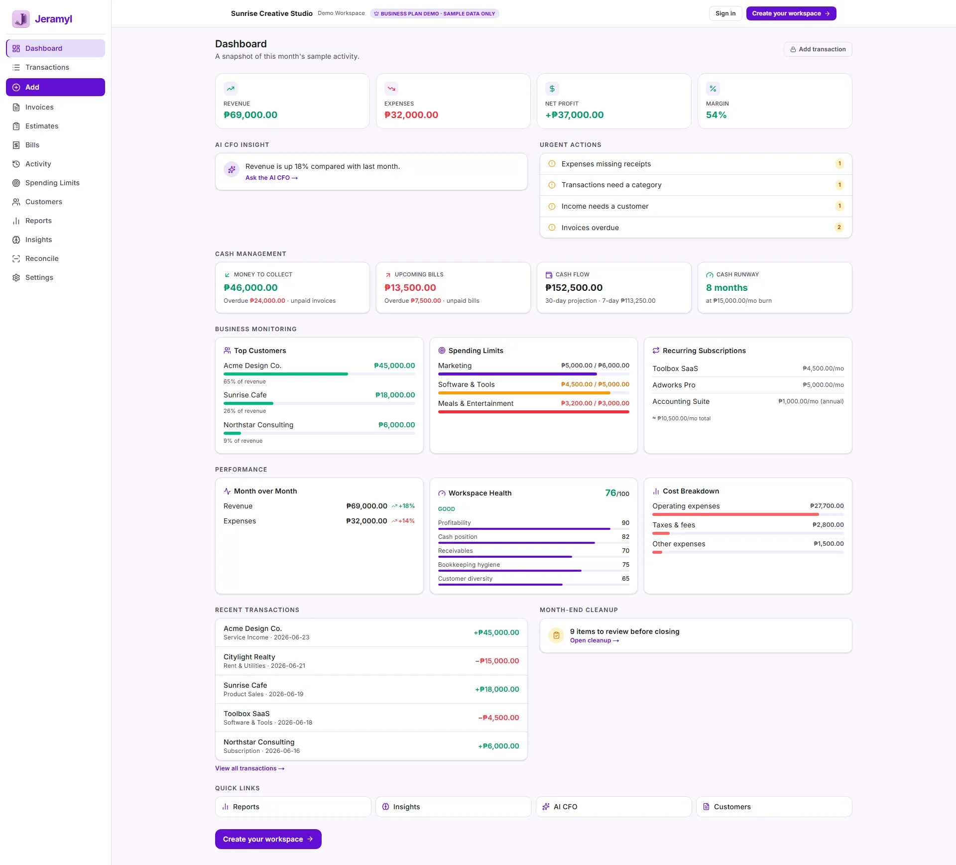 Jeramyl dashboard showing business overview, net profit, cash runway, overdue invoices, missing receipts, and bills due.