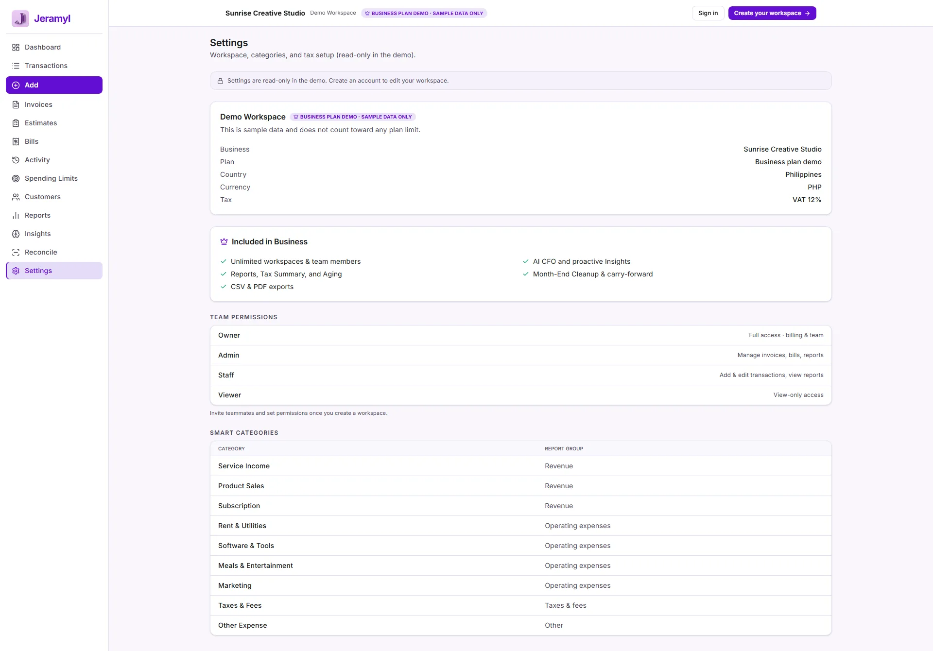 Jeramyl settings page showing workspace settings, connected Google options, and account controls.