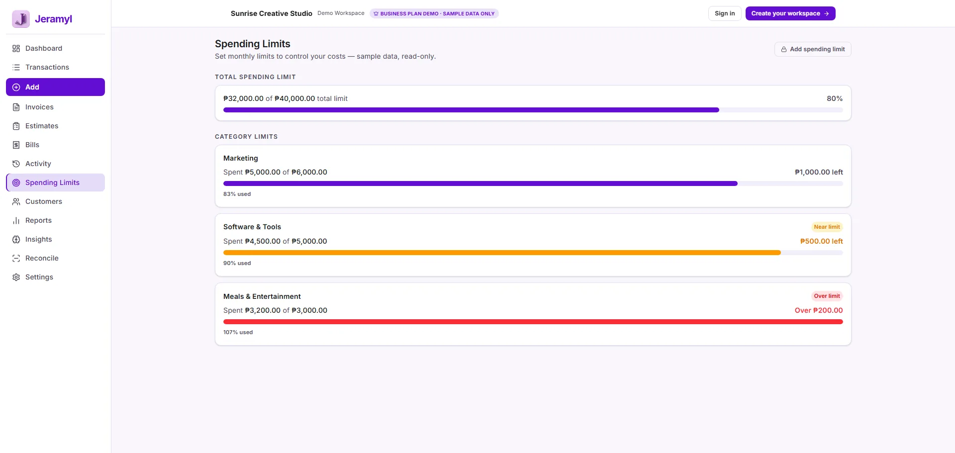 Jeramyl spending limits page showing category limits, spending alerts, and budget review controls.