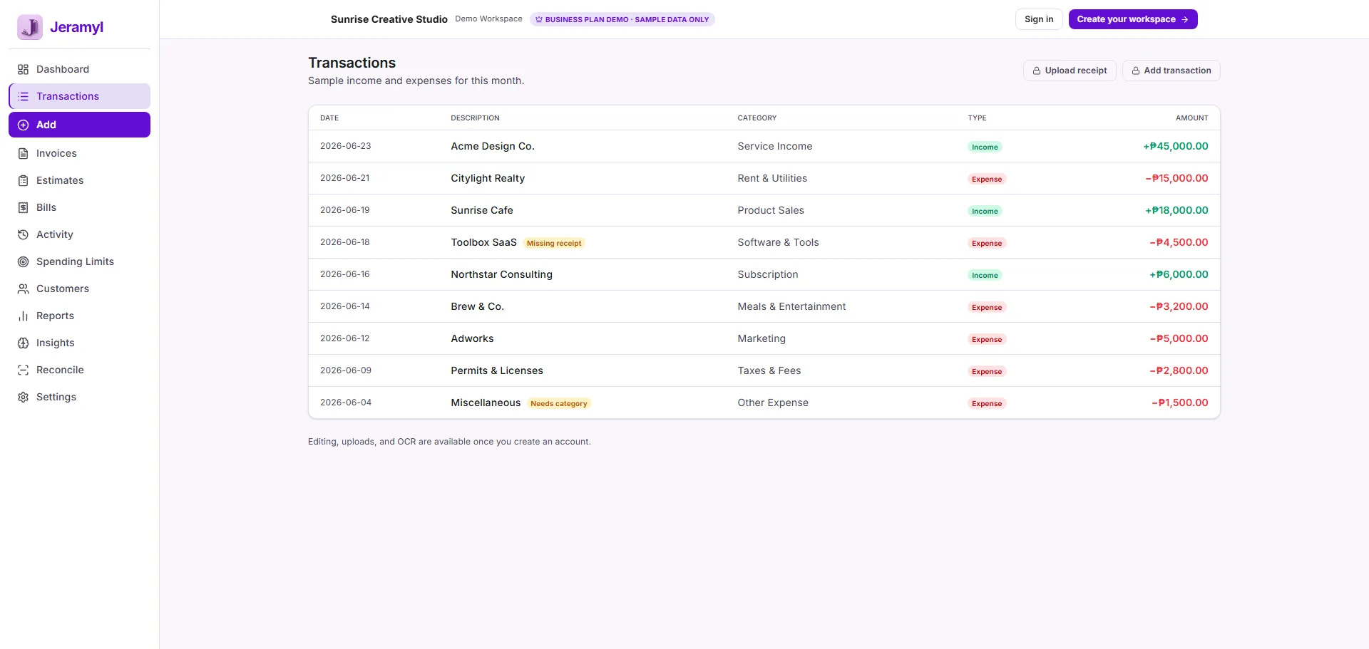 Jeramyl transactions list showing receipt status, expense records, categories, and cleanup filters.